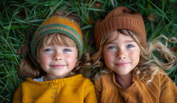 Kids in sweaters enjoying the outdoors. Two young girls wear colorful knitted hats as they lay on green grass under natural light, smiling brightly in the park. photo