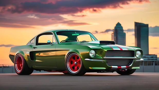 Beautiful unique green vintage hot rod car parked in the street , automotive background, tuning template, auto transport photo