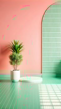 A green room with a potted plant and a wall with a arch photo
