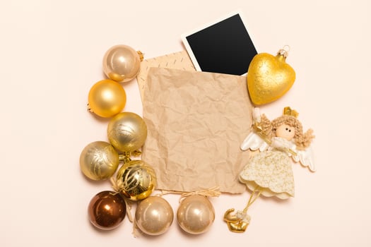 Greeting card mock up with christmas ornaments photo