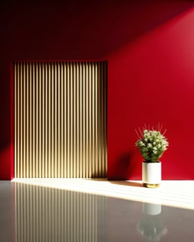 A red wall with a wooden door and a plant photo