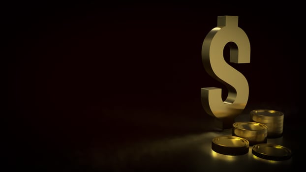 The gold dollar symbol and coins on black background 3d rendering. photo