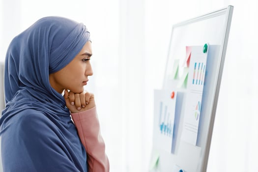 Concerned muslim business lady watching infographics at flip chart in office with pensive face expression, unhappy with company performance, side view photo