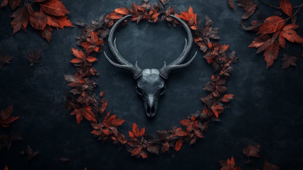 striking deer skull is elegantly displayed at center, surrounded by vibrant red autumn leaves, creating captivating contrast against dark background. This composition evokes sense of natures beauty photo