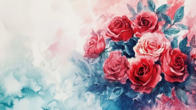 Vibrant Watercolor Floral Bouquet Composition with Red Roses for Creative Projects photo