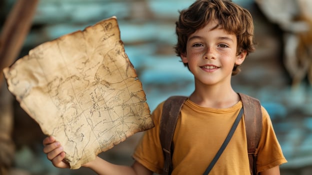 Young Boy Holding a Treasure Map for Adventure and Playful Exploration photo