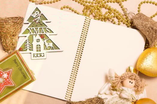 Greeting card mock up with christmas ornaments photo