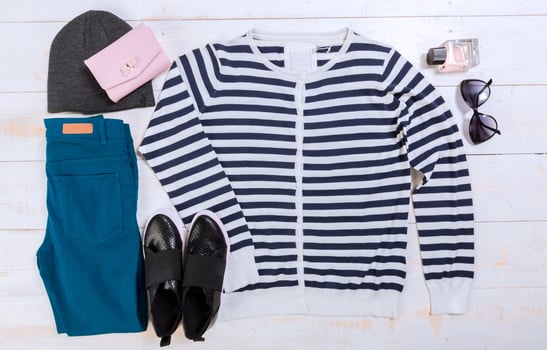 Overhead view of woman's casual outfits photo