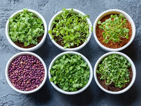 Microgreens growing in pots forming a pattern photo