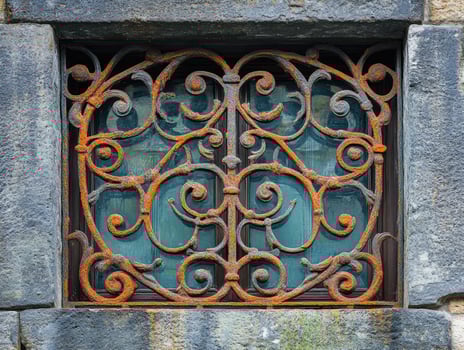 Rusty ornate window grill covering basement window photo