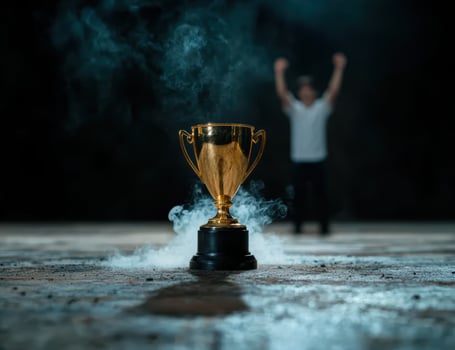 golden trophy with smoke and silhouette of person celebrating photo