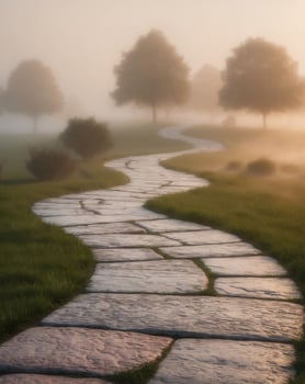 A stone path leads to a grassy field photo