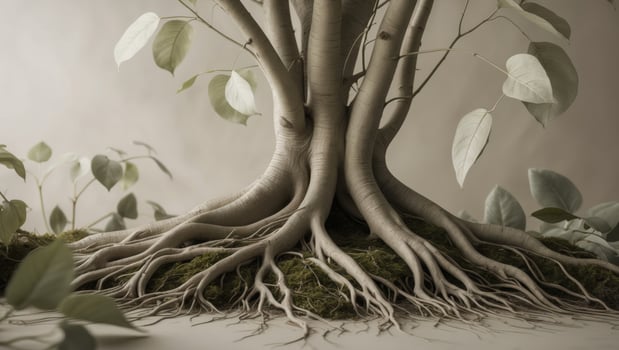 A tree with roots and leaves on a gray background photo