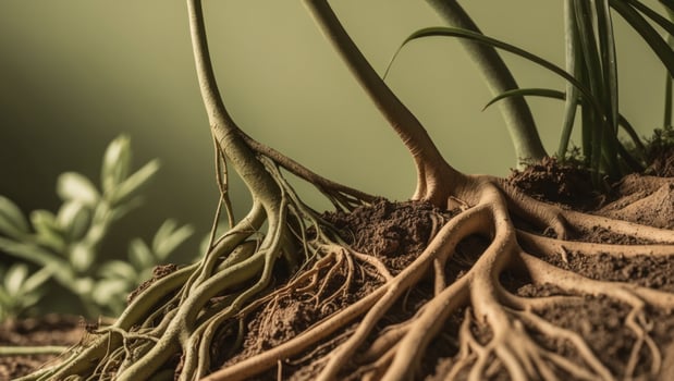 The roots of a plant are shown in the ground photo