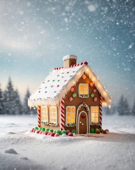 Christmas gingerbread house in the snow photo