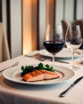 A plate with salmon and wine on a table photo
