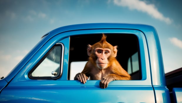A monkey sitting in the driver's seat of a blue truck photo