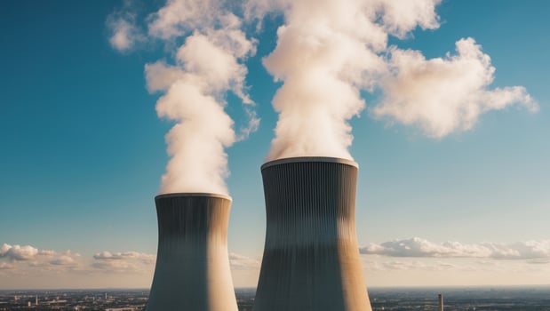 Two cooling towers with smoke coming out of them photo