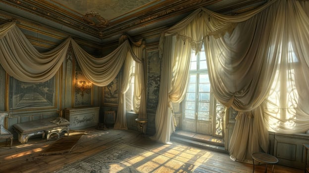 Sunbeams illuminate a luxurious room with ornate walls, draped curtains, and a plush bench. photo