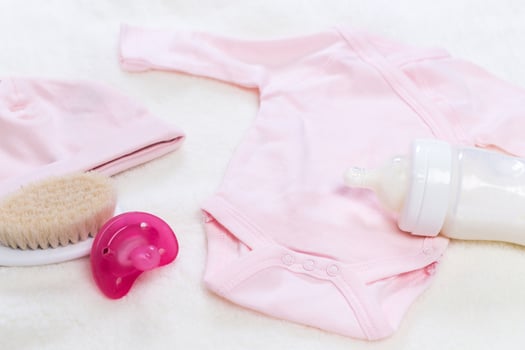 set of fashion trendy clothes and kids stuff for little baby girl photo