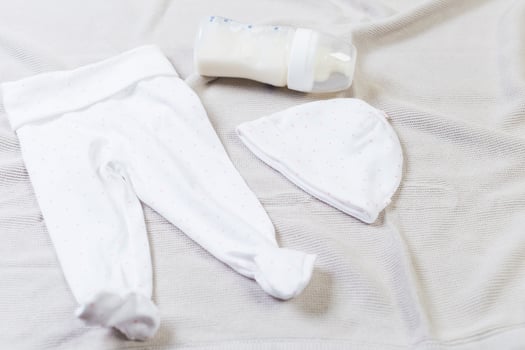 set of fashion trendy clothes and kids stuff for little baby girl photo