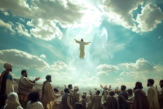 Jesus Christ ascends into the heavens as his disciples watch in awe, filled with faith and wonder under a majestic sky. photo