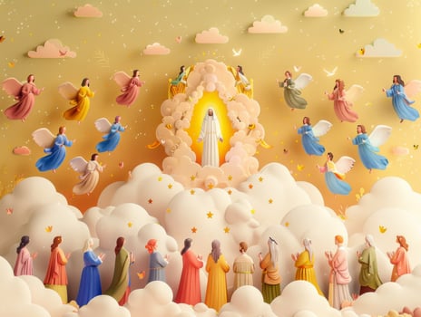 Heavenly clouds envelop Jesus as he ascends, flanked by angels and onlookers, radiating divine glory and tranquility. photo