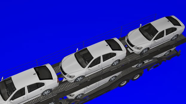 Three cars are on a flatbed trailer photo