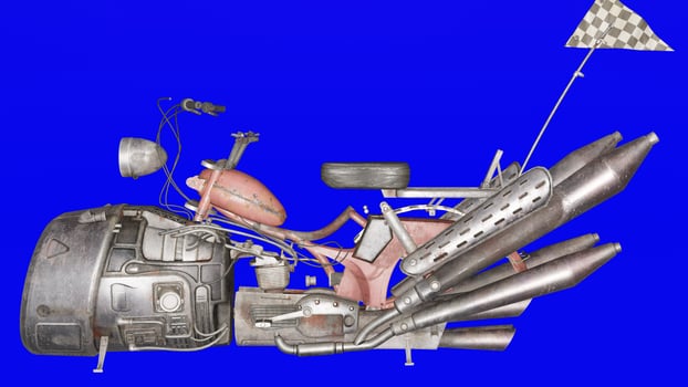 A motorcycle with a large engine and a flag photo