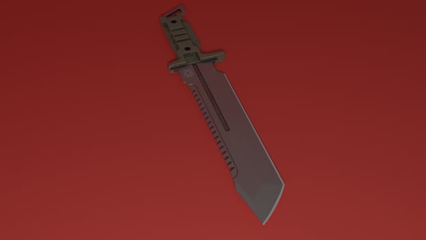 A knife on a red background with a black handle photo
