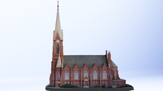 A 3d model of a church with a steeple photo