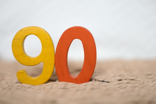 Close-up wooden figure number ninety on a white blurred background photo