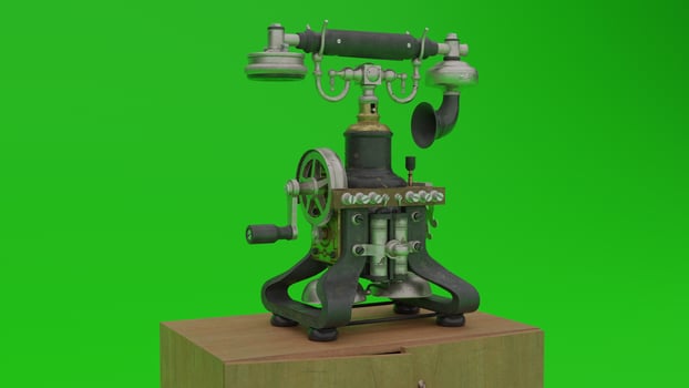 A vintage telephone on a wooden stand photo