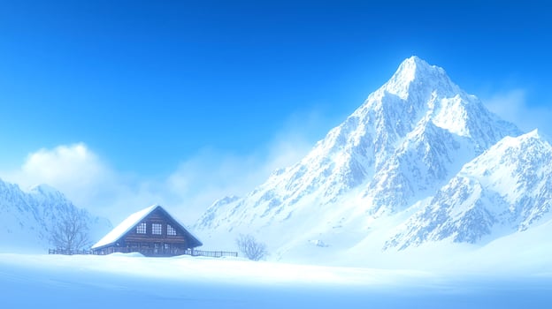serene winter landscape featuring cozy cabin surrounded by majestic snow covered mountains under clear blue sky. tranquil scene evokes sense of peace and solitude photo
