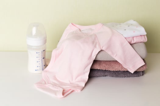 set of fashion trendy clothes and kids stuff for little baby girl photo