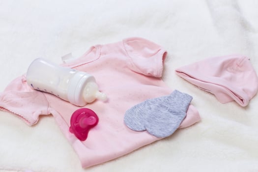 set of fashion trendy clothes and kids stuff for little baby girl photo