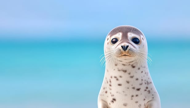 Cute baby harp seal pup with spotted fur on a sandy beach with turquoise ocean water background photo