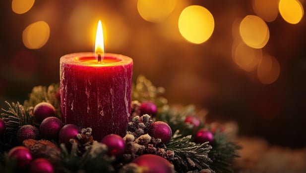 Burning Christmas Candle with Festive Decoration. Concept Holiday, Celebration photo