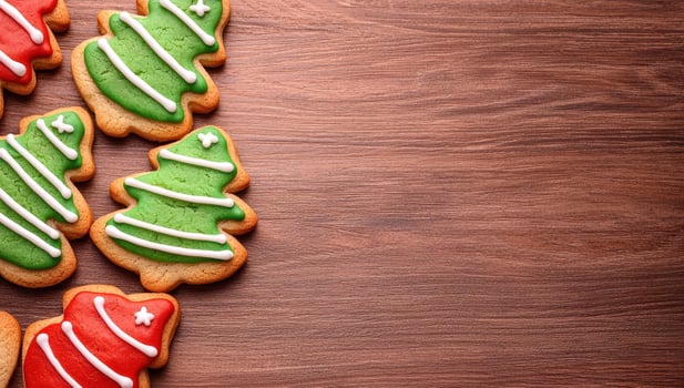 Christmas tree shaped gingerbread cookies on wooden background with copy space photo