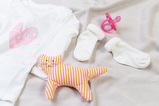 set of fashion trendy clothes and kids stuff for little baby girl photo