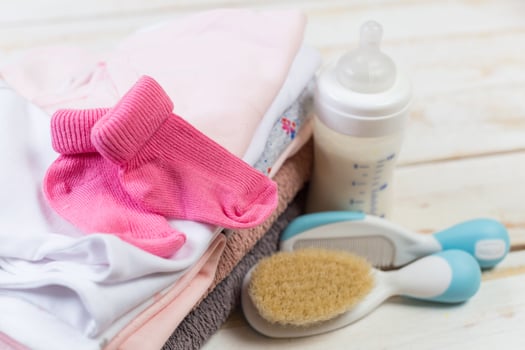 set of fashion trendy clothes and kids stuff for little baby girl photo