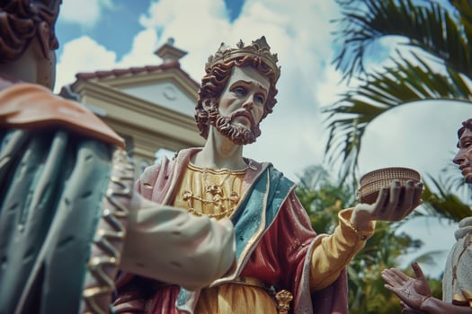 scene captures King David offering food to Bathsheba in a picturesque setting. Their interaction reflects their deep connection amidst the lush greenery. photo