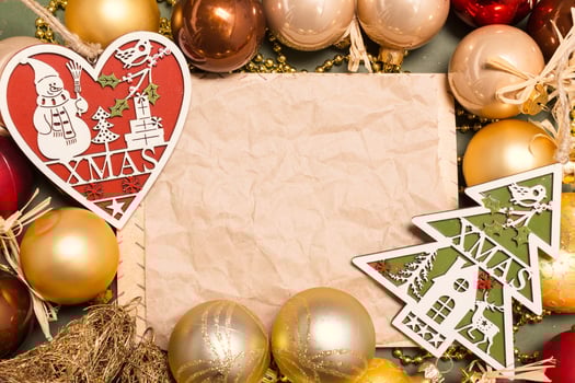Greeting card mock up with christmas ornaments photo