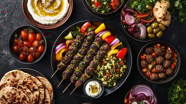 Various types of food are arranged on a table photo