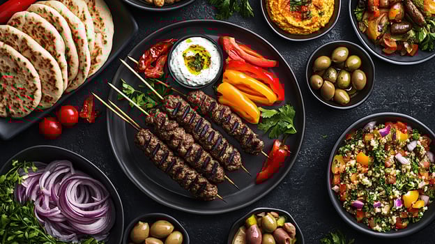 Various types of food are arranged on black plates photo