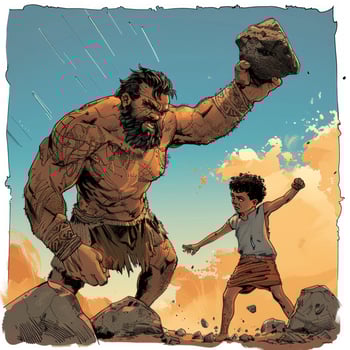 young shepherd boy stands defiantly against a towering giant ready to face his fate on a rocky terrain. Stormy skies amplify the tension of this legendary moment. photo