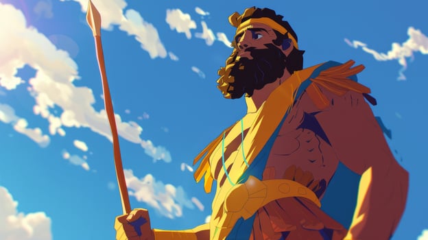 In a powerful moment from the biblical story Goliath stands confidently with a spear showcasing his imposing stature and warrior attire against a stunning blue sky. photo