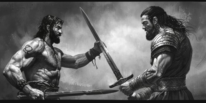 In a powerful showdown David stands ready with his sling while Goliath looms large preparing for their legendary confrontation amidst a tumultuous sky. photo