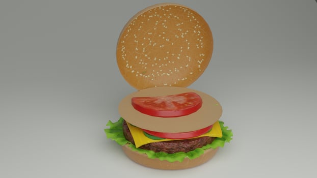 A hamburger is shown in a box photo