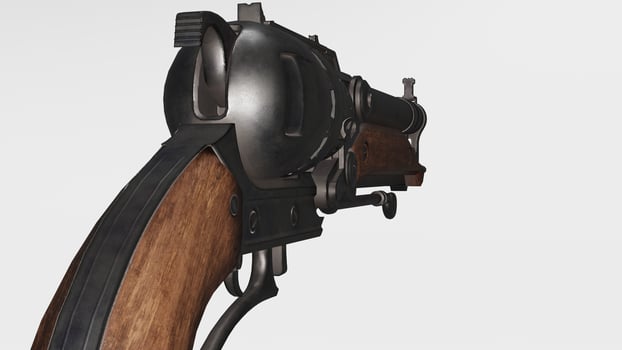 A gun with a wooden handle and a metal barrel photo